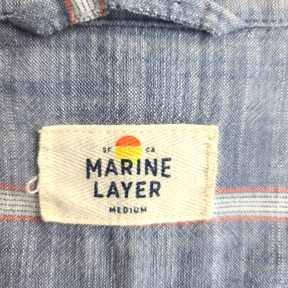 Marine Layer Grove Stripes Cotton 100% Button Down Shirt Indigo Blue - Picture 6 of 11